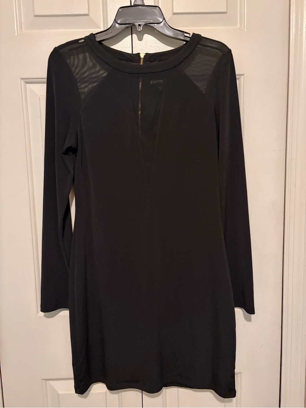 Express Black Long-Sleeve Shift Dress with Sheer Yoke